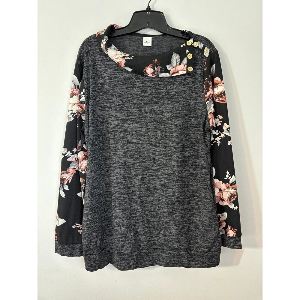 Grey Floral Long Sleeve Mock Neck W/Buttons Lounge Sweater size XL